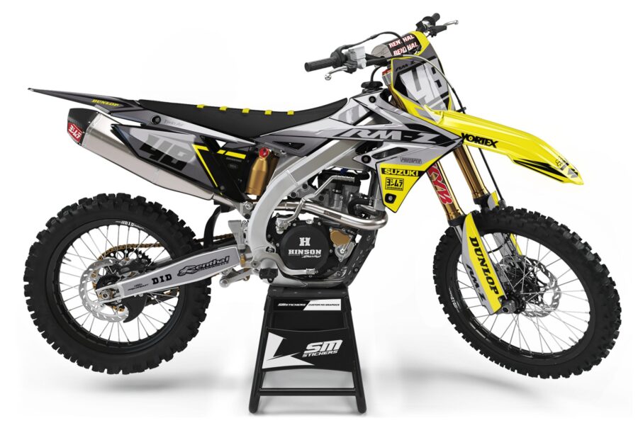 Żółto-czarna okleina motocrossowa Suzuki Decore 2 na motocyklu