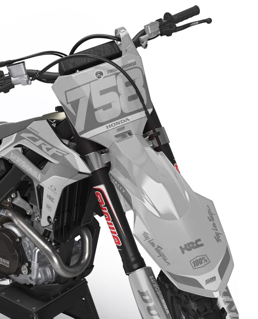 Szara okleina Honda CRF Decore 8 – przednie pole numerowe z numerem 758