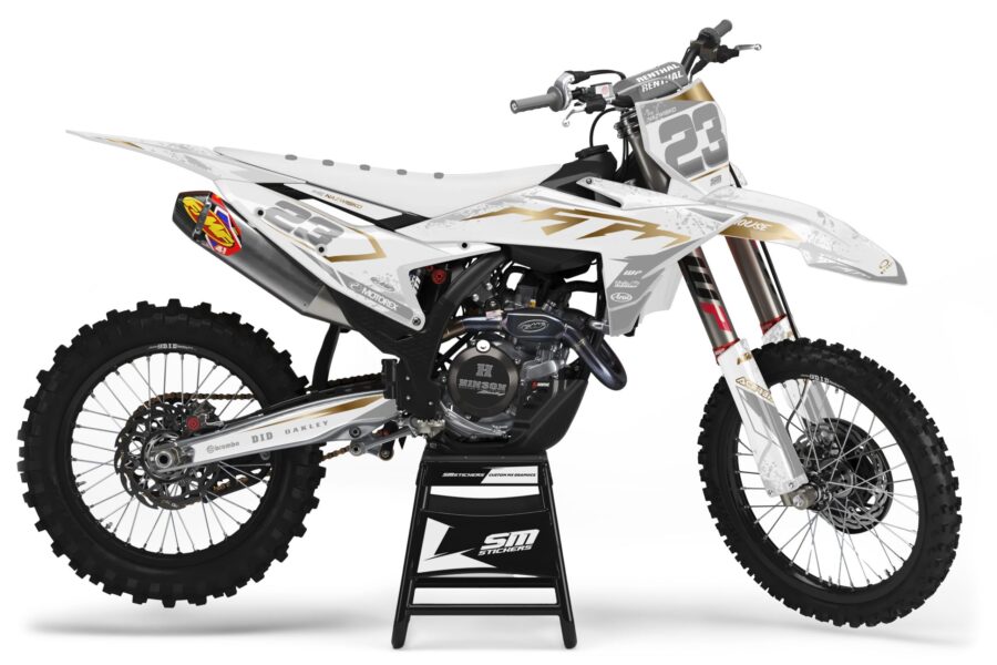 Biało-złota okleina motocrossowa KTM Grunge na motocyklu