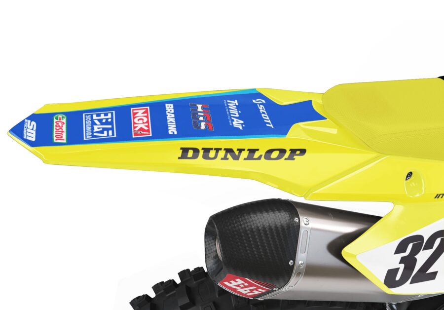 Żółto-niebieska okleina Suzuki Decore 2 – przednie pole numerowe z numerem 32