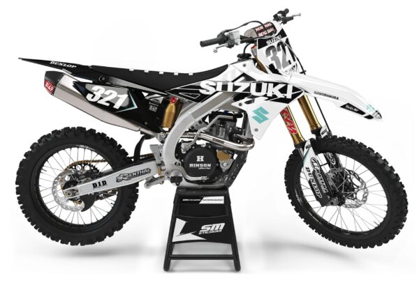Turkusowa okleina motocrossowa Suzuki Decore 2 na motocyklu