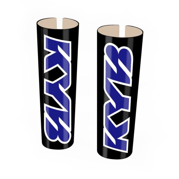 Czarne naklejki KYB z niebieskim logo na lagi motocyklowe