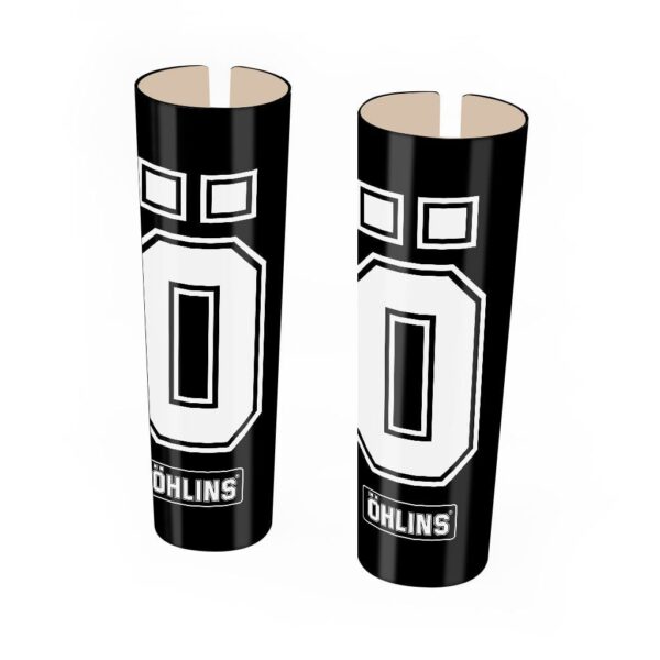 Białe naklejki na lagi Öhlins do motocykla cross i enduro