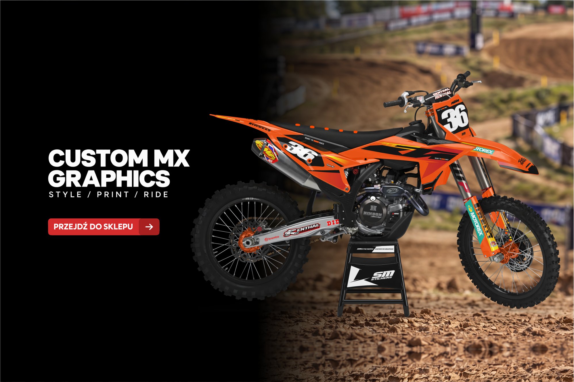 Personalizowane okleiny motocrossowe SM Stickers na motocyklu KTM — przejdź do sklepu.